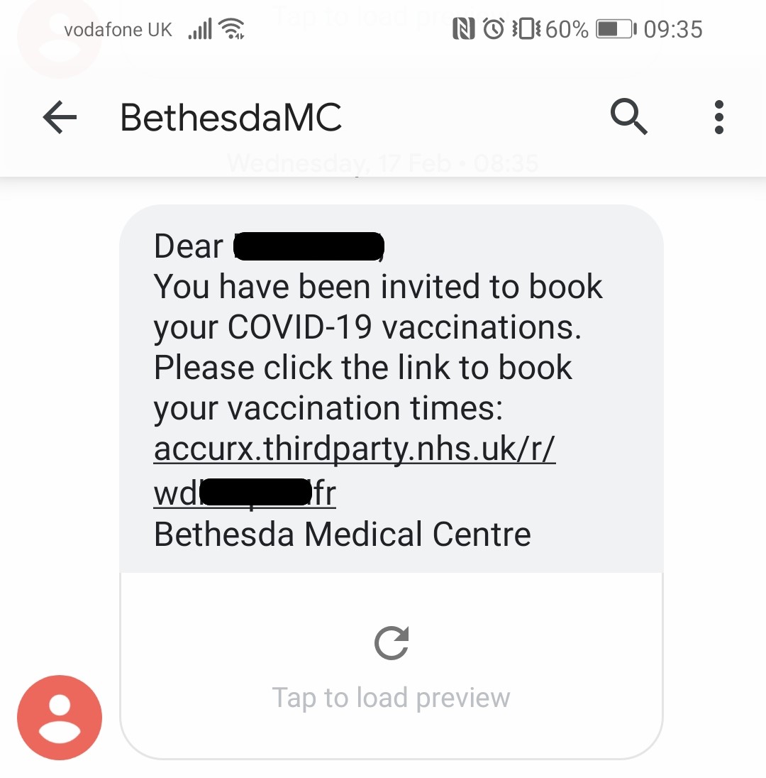 Covid Vaccination Invite - Example SMS